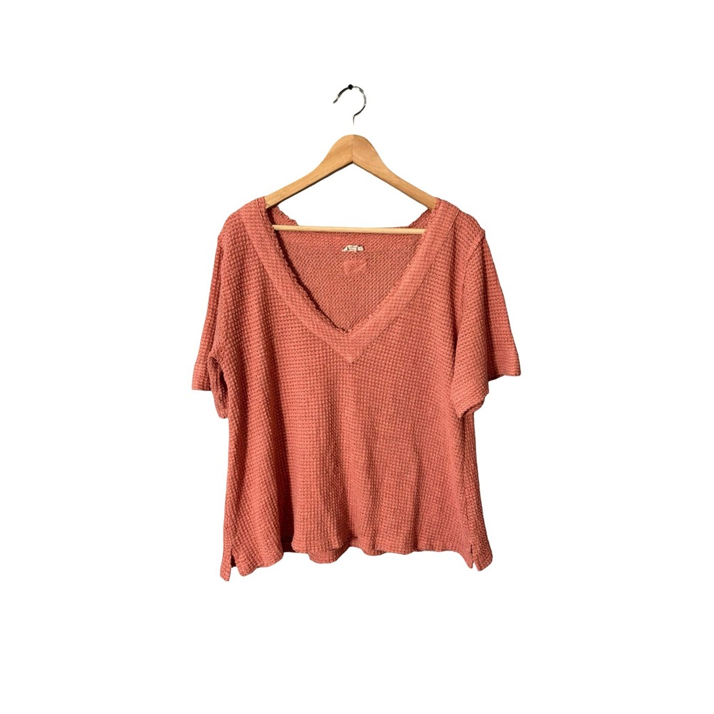 POL Waffle Knit V-Neck Oversized Top Large Terracotta Raw Edge FKT354